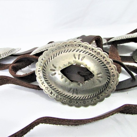 German silver conchos brown leather tie belt 54\